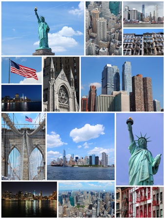 Photo collage from New York City, United States. Collage includes major landmarks like Statue of Liberty, Manhattan skyline and Brooklyn Bridge.の写真素材