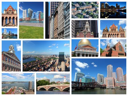 Photo collage from Boston, United States. Collage includes major landmarks like State House, city skyline and Harvard University.の写真素材