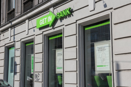 KATOWICE, POLAND - SEPTEMBER 5, 2014: Getin Bank branch in Katowice, Poland. It is part of Getin Noble Bank and has more than 500 branches (2014).のeditorial素材