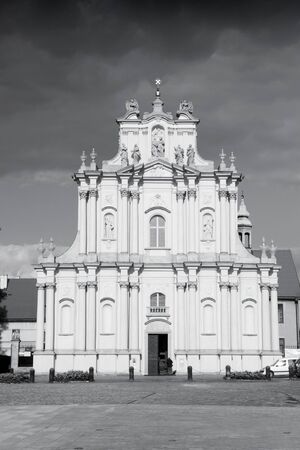 Warsaw, Poland. Visitationist church in Old Town quarter. Black and white tone - retro monochrome color style.の写真素材