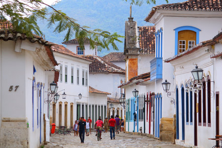 PARATY, BRAZIL - OCTOBER 14, 2014: People walk in the Old Town of Paraty (state of Rio de Janeiro). The colonial town dates back to 1667 and is considered for inclusion on UNESCO World Heritage List.のeditorial素材