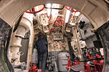 LABOE, GERMANY - AUGUST 30, 2014: People visit German submarine U-995 (museum ship) in Laboe. It is the only surviving Type VII submarine in the world. It was launched in 1943.のeditorial素材