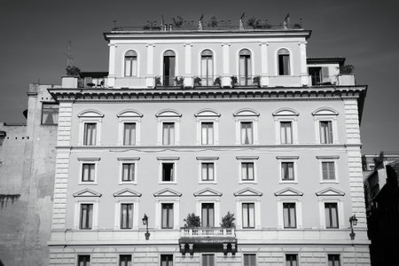 Rome, Italy. Beautiful old building next to Piazza della Rotonda. Pigna district. Black and white retro style - monochrome color tone.のeditorial素材