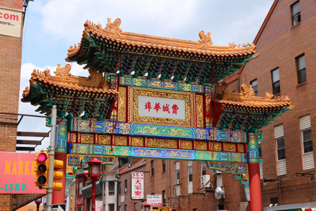 PHILADELPHIA, USA - JUNE 11, 2013: Chinatown gate in Philadelphia. The gate was completed in 1984 and represents partnership with sister city Tianjin (China).のeditorial素材