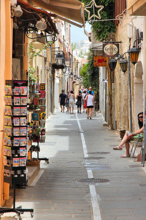 RETHYMNON, GREECE - MAY 23, 2013: People visit Old Town in Rethymnon, Crete, Greece. It is the 3rd largest city of the island. Crete attracts 2.8 million annual tourists (2011).のeditorial素材