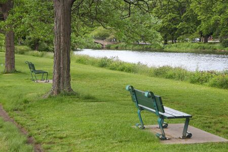 Boston, Massachusetts (USA). Charles River esplanade park benches.