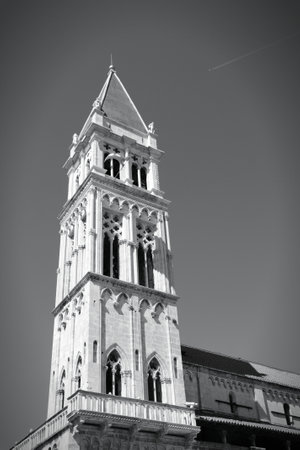 Croatia - Trogir in Dalmatia (UNESCO World Heritage Site). Campanile of famous cathedral. Black and white tone - retro monochrome color style.のeditorial素材