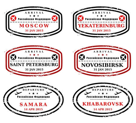 Travel stamps from Russia. Fictitious stamps (not real). Russian destinations: Moscow, Yekaterinburg, Saint Petersburg, Novosibirsk, Samara and Khabarovsk.のイラスト素材