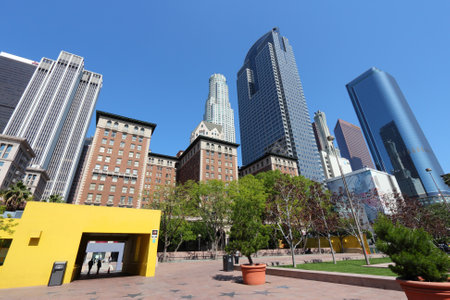 LOS ANGELES, USA - APRIL 5, 2014: People visit Pershing Square in Los Angeles. Los Angeles is the 2nd most populous city in the USA (3,792,621 people).のeditorial素材