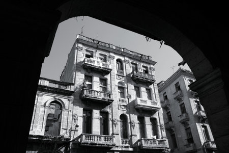 Old Havana, Cuba - city architecture. Old residential building. Black and white tone - retro monochrome style.のeditorial素材