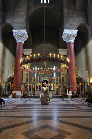 BELGRADE, SERBIA - AUGUST 15, 2012: Interior view of Saint Mark's Orthodox church in Belgrade. The...