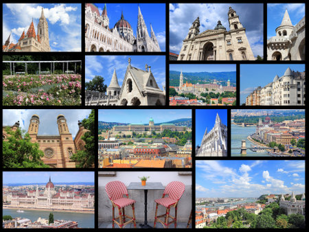 Travel photo collage from Budapest, Hungary. Collage includes major landmarks like Parliament, Fisherman's Bastion and Saint Stephen's Basilica.のeditorial素材