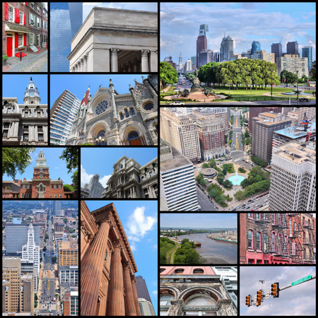 Philadelphia, United States - photo collage. Collection includes major landmarks like Independence Hall, the City Hall and JFK Plaza.のeditorial素材