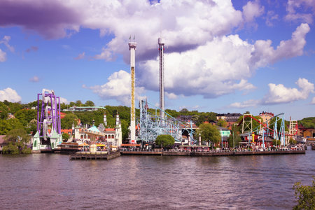Stockholm, Sweden. Amusement park at famous Djurgarden island, the isle of gardens. Filtered style colors.のeditorial素材