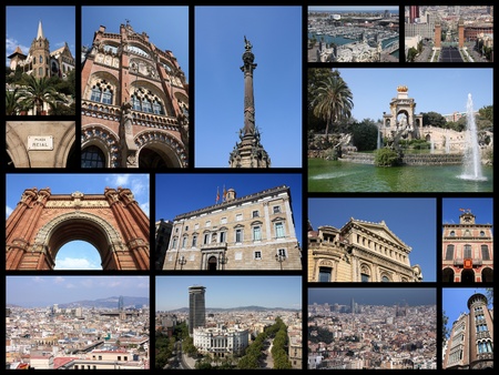 Barcelona, Spain photo collage. Collage includes major landmarks like Placa Espanya, Barceloneta and Parliament of Catalonia.の写真素材