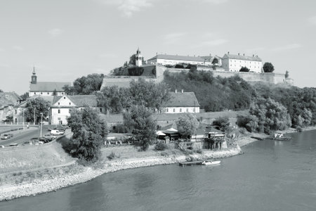 Novi Sad, Serbia - city in the region of Vojvodina. Petrovaradin fortress and river Danube. Black...