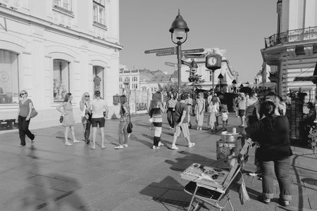 BELGRADE, SERBIA - AUGUST 15, 2012: Tourists stroll in Belgrade, Serbia. Belgrade is the most popular tourism destination in Serbia with 351,666 hotel nights for January-April 2012.のeditorial素材