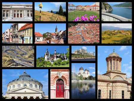 Romania country photo collage. Travel photos set with Bucharest, Ploiesti, Brasov, Timisoara, Sibiu and Arad.の写真素材