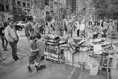 BOSTON, USA - JUNE 8, 2013: People commemorate bombing victims in Boston. Terrorist attack took place during famous Boston Marathon on April 15, 2013.のeditorial素材