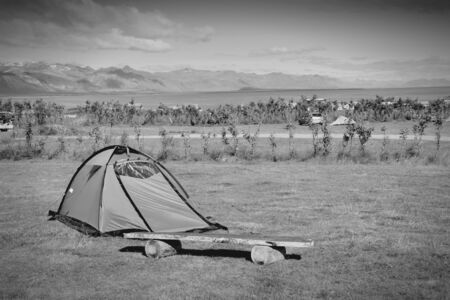 Tent at a campground in Snaefellsnes peninsula, Iceland. Black and white monochrome tone.の写真素材