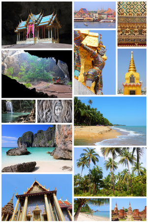 Travel photo collage from Thailand. Collage includes major landmarks like Bangkok, Ayutthaya, tropical beaches and Maya Bay.のeditorial素材