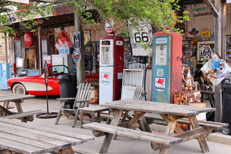 ARIZONA, USA - APRIL 2, 2014: Old gas station at U.S. Route 66 in Arizona. The famous road led from Chicago to Los Angeles and was 2,451 miles long.のeditorial素材