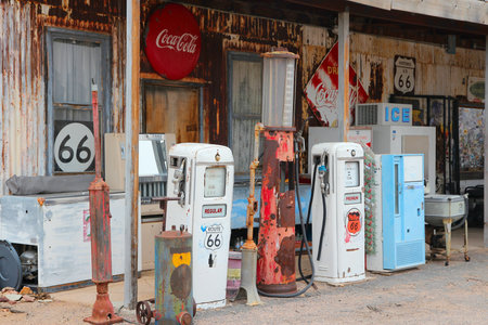 ARIZONA, USA - APRIL 2, 2014: Old gas station at U.S. Route 66 in Arizona. The famous road led from Chicago to Los Angeles and was 2,451 miles long.のeditorial素材