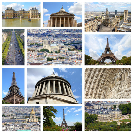 Paris, France - travel photo collage with Pantheon, Luxembourg Palace and Eiffel Tower.のeditorial素材