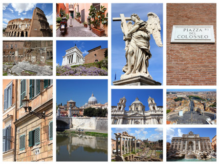 Rome, Italy - travel photos collage with Roman Forum, Vatican, Colosseum and Trevi Fountain.のeditorial素材