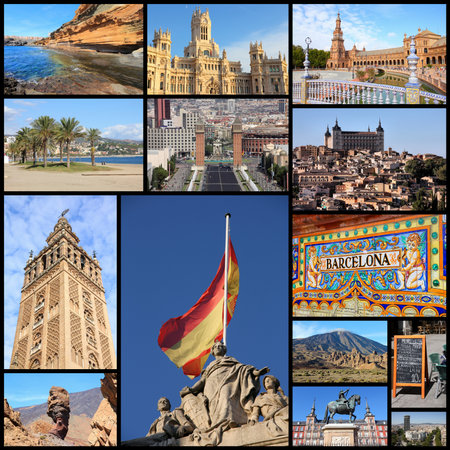 Travel collage from Spain. Collage includes famous places like Madrid, Barcelona, Toledo, Seville, Malaga and Tenerife.のeditorial素材