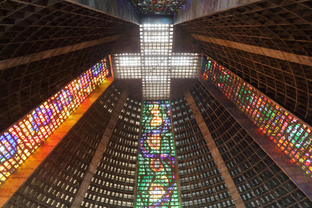 RIO DE JANEIRO, BRAZIL - OCTOBER 19, 2014: Interior view of cathedral in Rio de Janeiro. The modern style cathedral was completed in 1979. It was designed by Edgar Fonceca.のeditorial素材