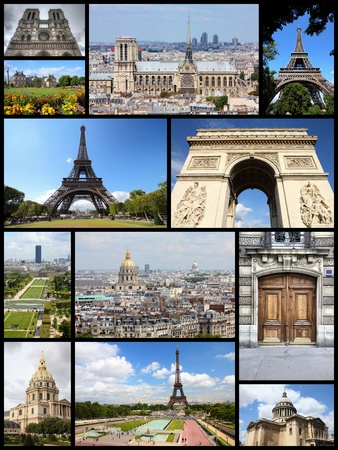 Paris, France - travel photo collage with Eiffel Tower, Notre Dame and Triumphal Arch.の写真素材