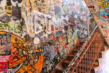 BERLIN, GERMANY - AUGUST 27, 2014: Urban art culture of old Hackesche Hofe in Berlin. The art nouveau architecture complex dates back to 1906 and part of it is covered in notable urban art.のeditorial素材