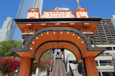 LOS ANGELES, USA - APRIL 5, 2014: Angels Flight narrow gauge funicular in Los Angeles. The short funicular was built in 1901.のeditorial素材