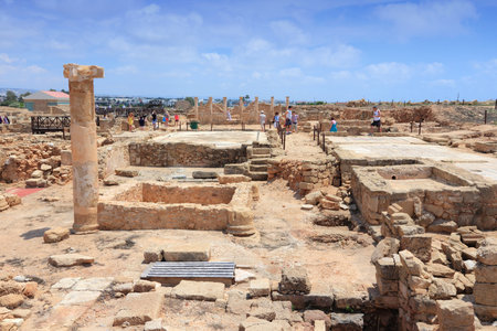 PAPHOS, CYPRUS - MAY 13, 2014: People visit Kato Paphos archeological park in Cyprus. The Greek ruins are a UNESCO World Heritage Site since 1980.のeditorial素材