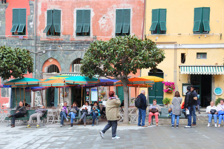 VERNAZZA, ITALY - APRIL 26, 2015: People visit Vernazza in Italy. It is part of Cinque Terre, a UNESCO World Heritage site established in 1997.のeditorial素材
