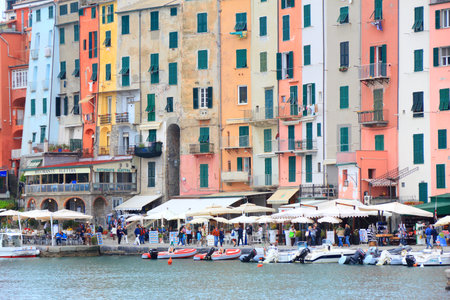 PORTOVENERE, ITALY - APRIL 25, 2015: People visit Portovenere in Italy. It is part of Portovenere and Cinque Terre UNESCO World Heritage site established in 1997.のeditorial素材