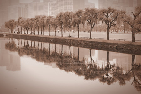 Tokyo, Japan - Imperial Palace gardens and the urban pollution haze. Retro style sepia image.のeditorial素材