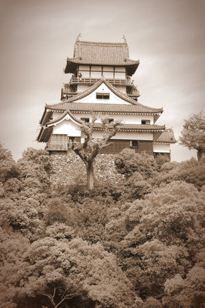 Inuyama Castle, Japan. Aichi prefecture. Retro style sepia image.のeditorial素材