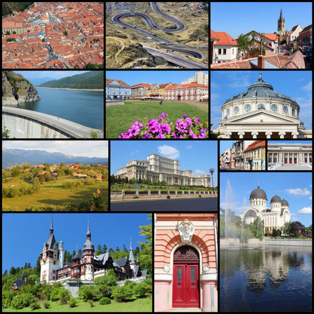 Romania country photo collage. Travel photos set with Bucharest, Ploiesti, Brasov, Timisoara, Sibiu and Arad.のeditorial素材