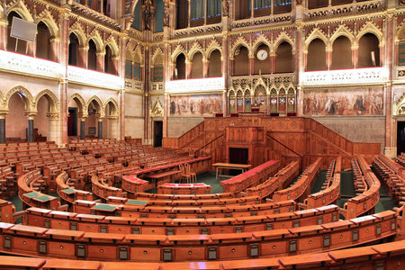 BUDAPEST, HUNGARY - JUNE 19, 2014: Interior view of Parliament Building in Budapest. The building was completed in 1905 and is in Gothic Revival style.のeditorial素材