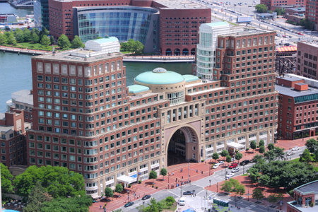 BOSTON, USA - JUNE 9, 2013: Aerial view of Rowes Wharf architecture in Boston. JP Morgan Chase is among the tenants.のeditorial素材