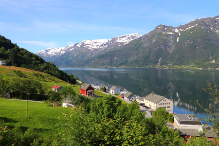 Norway fiord landscape - part of Hardanger Fjord called Sorfjord. Morning view.の写真素材