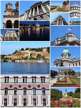 Belgrade, Serbia travel photo collage. Set includes major landmarks like Sava River skyline, Parliament and Cathedral.の写真素材