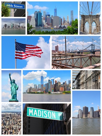 New York City travel collage - photo set with Statue of Liberty, Manhattan skyline and Brooklyn Bridge.の写真素材