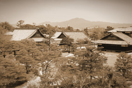 Sepia toned Kyoto, Japan - old Japanese architecture of Nijo Castle. Ninomaru Palace.