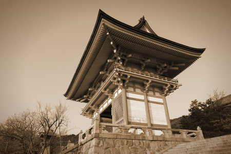 Kyoto, Japan - Kiyomizu-dera Temple. Buddhist zen temple of Rinzai school. Sepia tone - retro monochrome color style.のeditorial素材