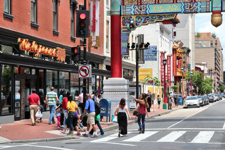 WASHINGTON, USA - JUNE 14, 2013: People visit Chinatown in Washington, DC, USA. Chinese minority of about 3,000 people lives here.のeditorial素材