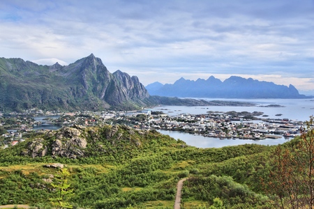 Lofoten islands in Arctic Norway. Svolvaer town view on Austvagoya island. Aerial view of Boreal zone from Tjeldbergtinden hiking trail.の写真素材