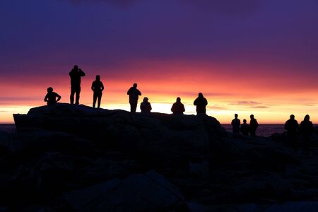 Sunset in the Arctic summer - Flakstadoya, Lofoten islands in Norway.の写真素材